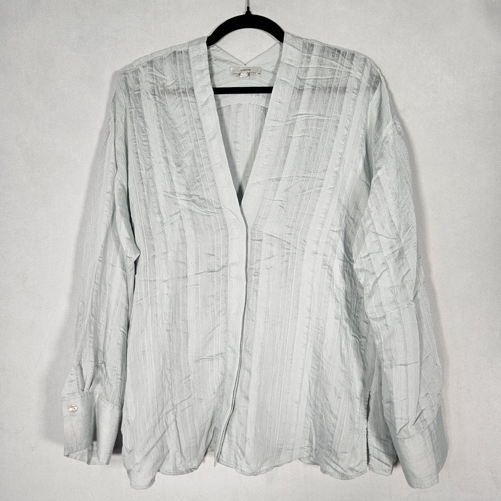 Vince Top Women's L Mint Drapey Striped V-Neck Long Sleeve Hidden Button Flowy